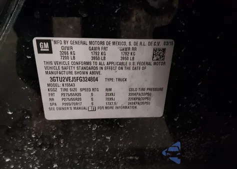 2015 GMC Sierra 1500 Slt z USA, uszkodzony, nr VIN 3GTU2VEJ5FG324804